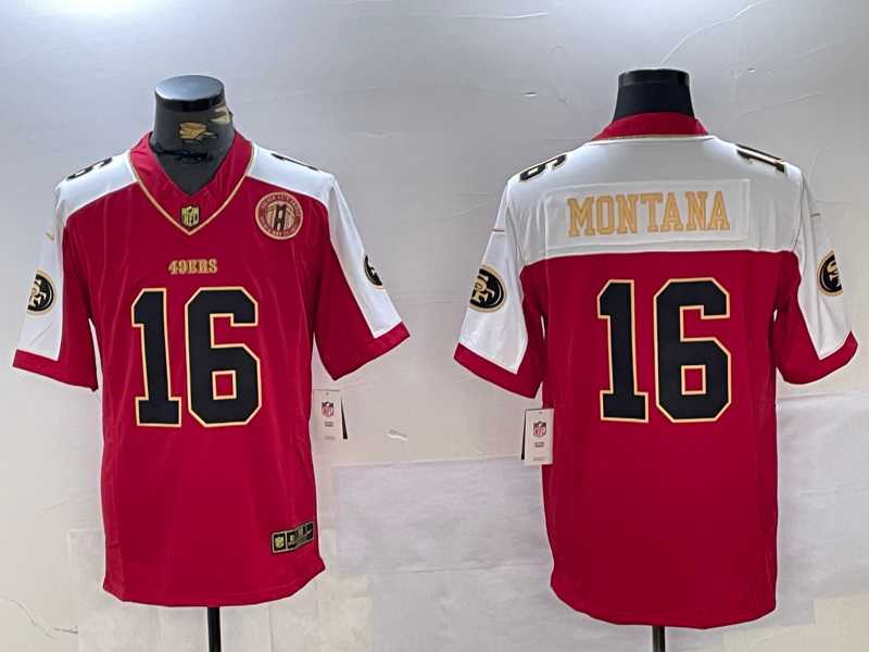 Men%27s San Francisco 49ers #16 Joe Montana Red Gold FUSE Gate Bridge Patch Vapor Limited Stitched Jersey Dzhi